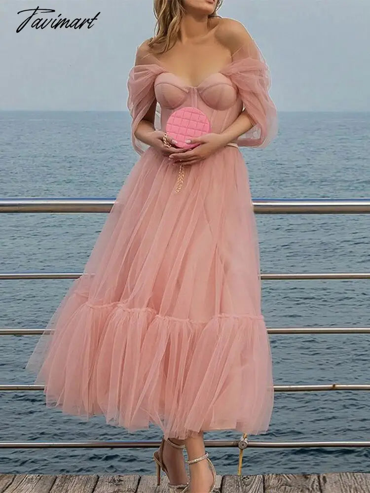 Pink Chiffon A-line Dress Women Off Shoulder Strapless Evening Dresses Ladies Raglan Sleeve Sweetheart Party Club Dresses