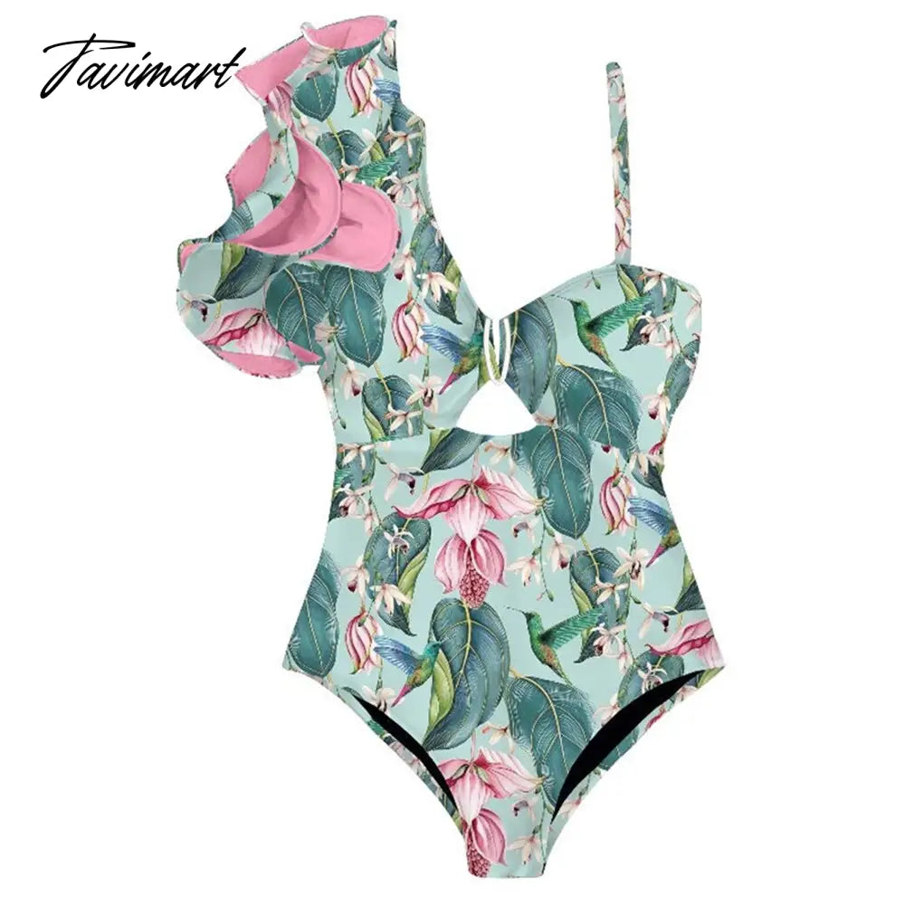 Pink Fashion Print Ruffle One-Piece Swimsuit Set Women's Summer Swiming Suit Luxury Shorts Bourkini Separate Bandeau