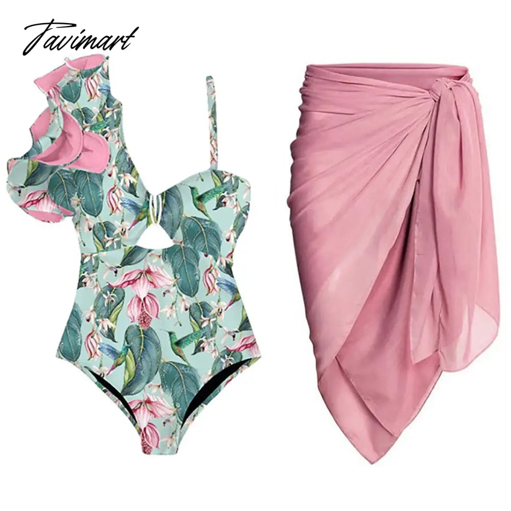 Pink Fashion Print Ruffle One-Piece Swimsuit Set Women's Summer Swiming Suit Luxury Shorts Bourkini Separate Bandeau