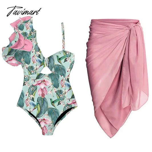 Pink Fashion Print Ruffle One-Piece Swimsuit Set Women's Summer Swiming Suit Luxury Shorts Bourkini Separate Bandeau