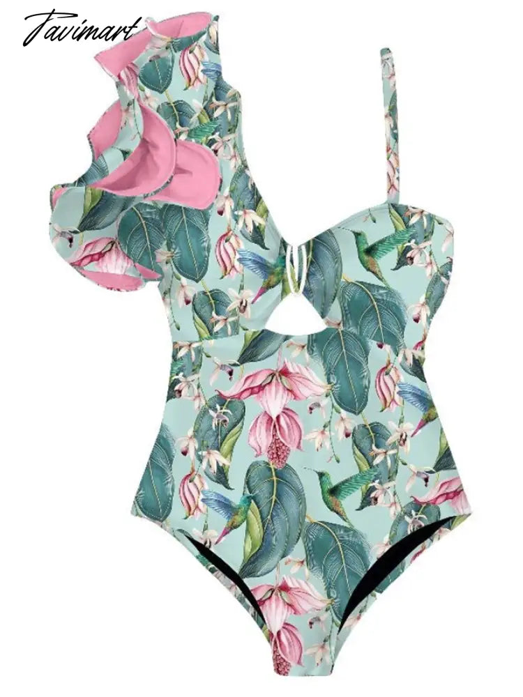 Pink Fashion Print Ruffle One-Piece Swimsuit Set Women's Summer Swiming Suit Luxury Shorts Bourkini Separate Bandeau