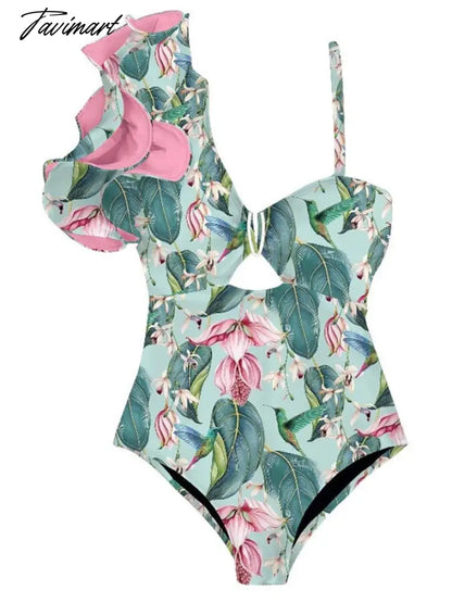 Pink Fashion Print Ruffle One-Piece Swimsuit Set Women's Summer Swiming Suit Luxury Shorts Bourkini Separate Bandeau