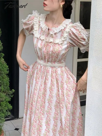 Pink Kawaii France Vintage Dress Women Floral Print Elegant Evening Party Midi Dresses Lace Puff Sleeve Retro Sweet Dress