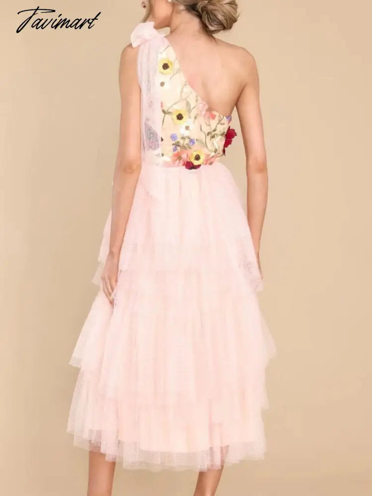 Pink Puffy Flower Dress Women Embroidery One Shoulder Lace Up A Line Tulle Dress Bridesmaids Dinner Prom Celebrate Wedding Gowns