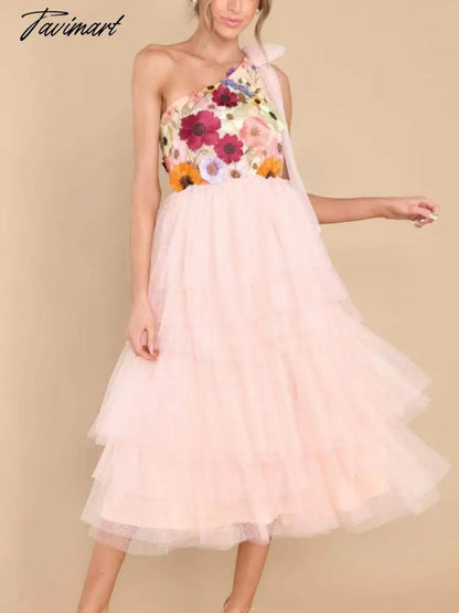 Pink Puffy Flower Dress Women Embroidery One Shoulder Lace Up A Line Tulle Dress Bridesmaids Dinner Prom Celebrate Wedding Gowns
