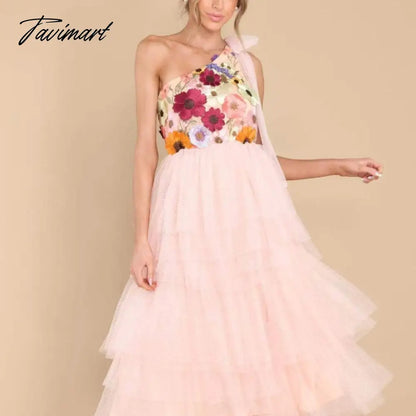 Pink Puffy Flower Dress Women Embroidery One Shoulder Lace Up A Line Tulle Dress Bridesmaids Dinner Prom Celebrate Wedding Gowns