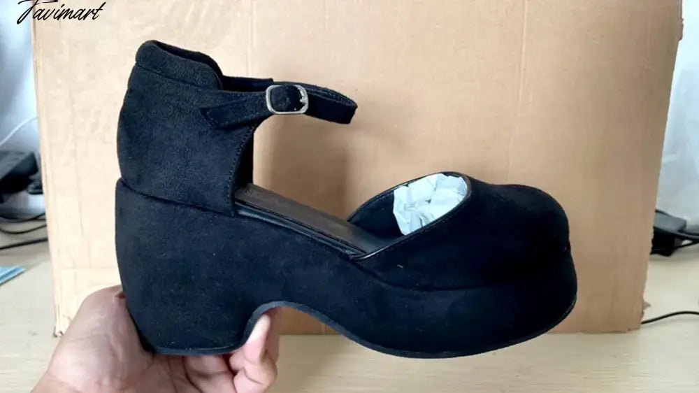 Platform Pumps Shoes For Women Marry Jane Buckle Flock Wedges Pumps Vintage Girls Fashon Cute Pumps Spring Goth High Heeled