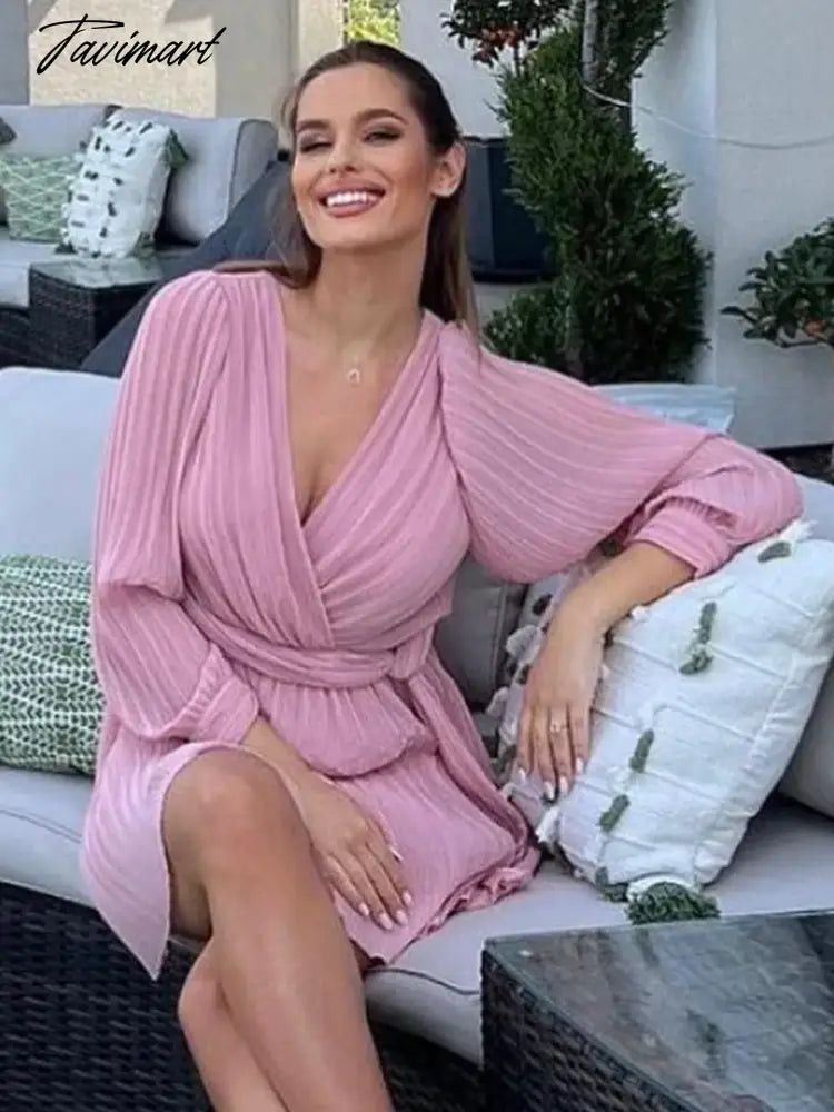 Pleated Lace-up Solid Mini Dress Autumn V Neck Long Sleeve High Waist Casual Elegant Vestidos Fashion Simple Female Dresses