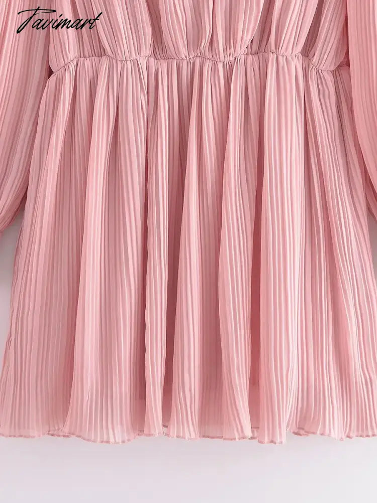 Pleated Lace-up Solid Mini Dress Autumn V Neck Long Sleeve High Waist Casual Elegant Vestidos Fashion Simple Female Dresses