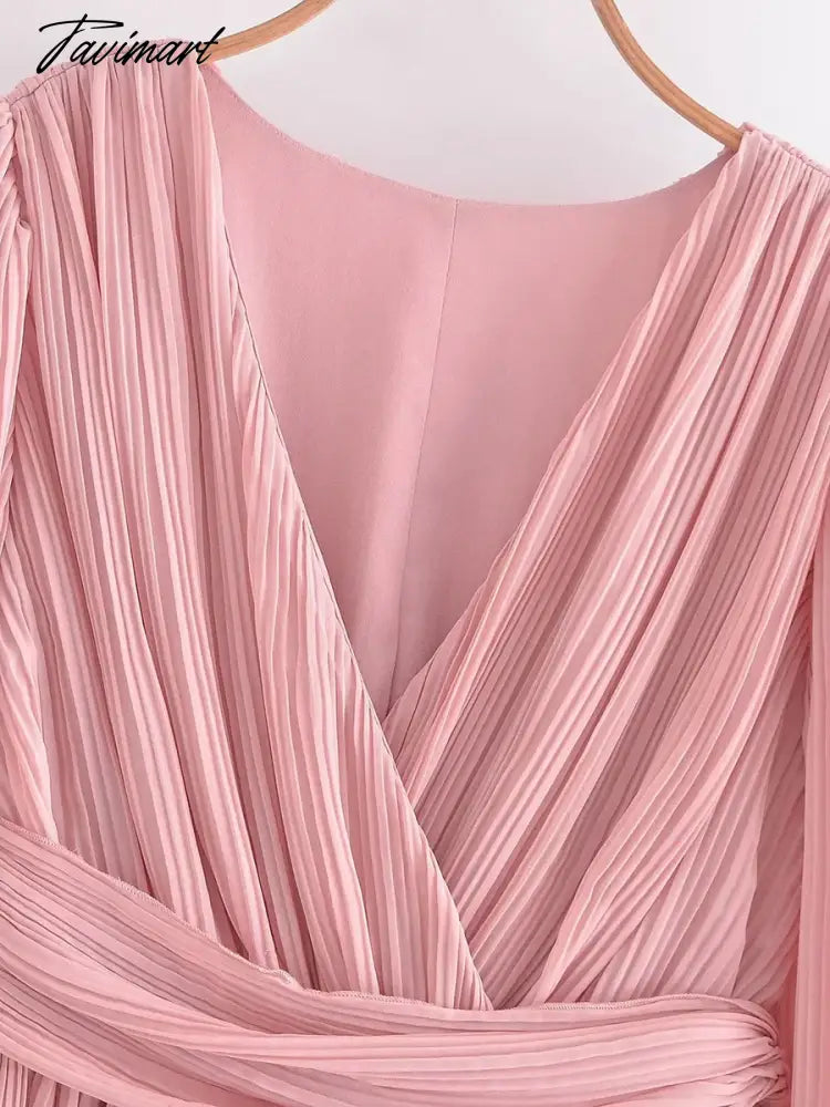 Pleated Lace-up Solid Mini Dress Autumn V Neck Long Sleeve High Waist Casual Elegant Vestidos Fashion Simple Female Dresses