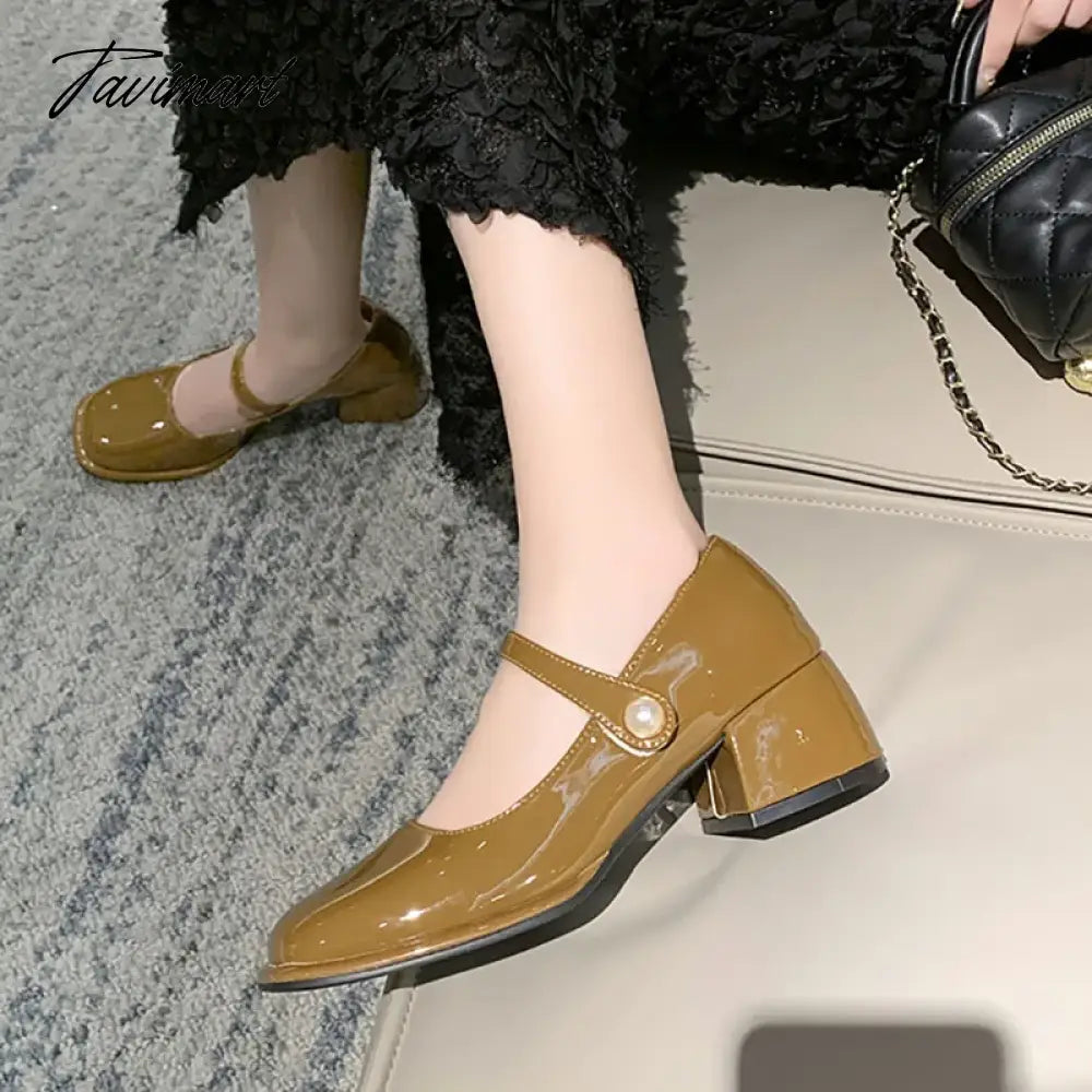 Plus Size Women's Mary Jane Shoes Patent Leather Pumps Mid Heels Dress Shoes Pearl Buckle Strap Wedding Shoes Basic Spring 1270N
