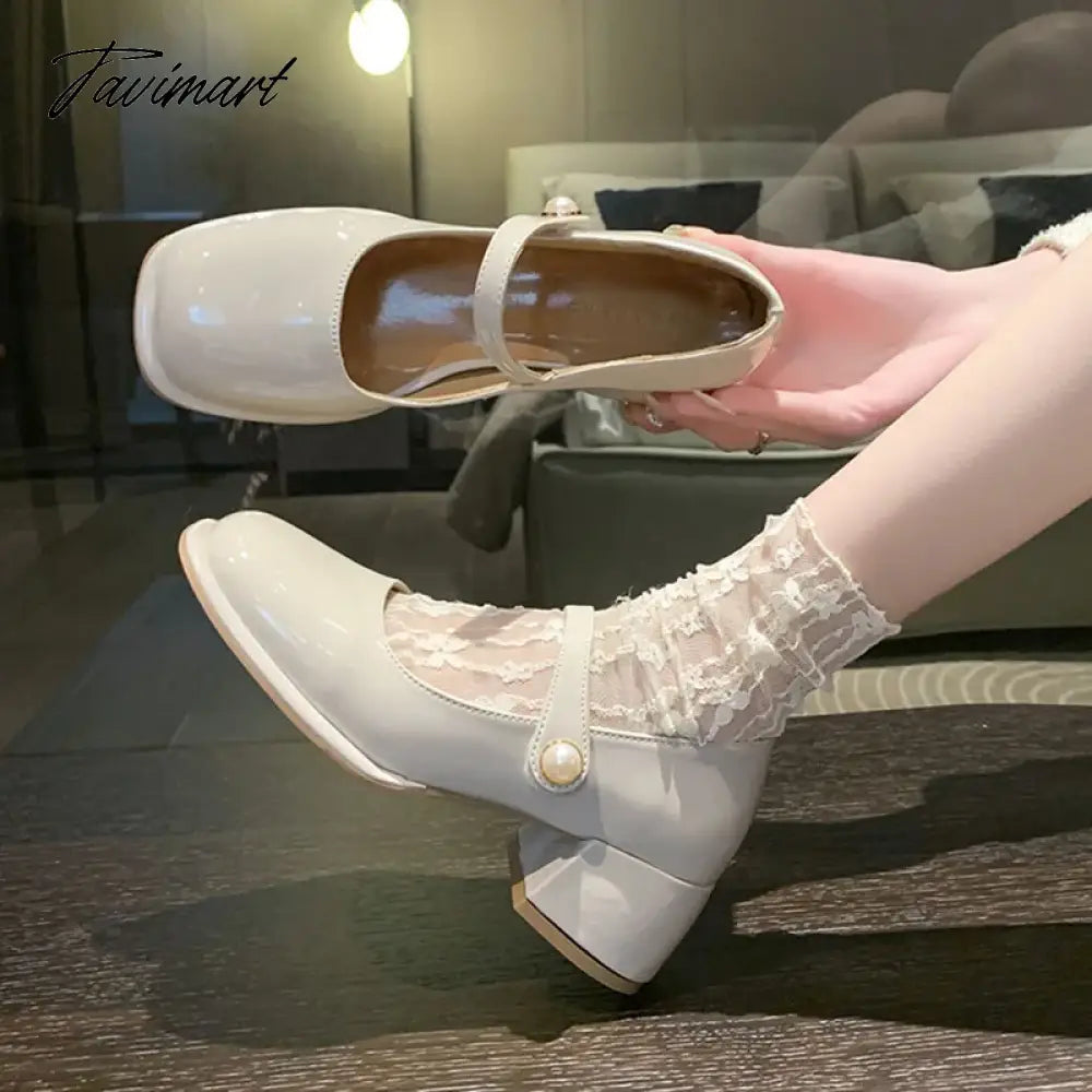 Plus Size Women's Mary Jane Shoes Patent Leather Pumps Mid Heels Dress Shoes Pearl Buckle Strap Wedding Shoes Basic Spring 1270N