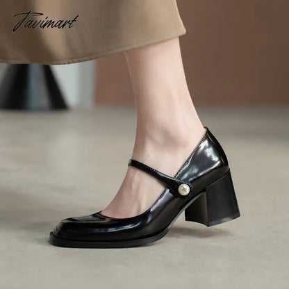 Plus Size Women's Mary Jane Shoes Patent Leather Pumps Mid Heels Dress Shoes Pearl Buckle Strap Wedding Shoes Basic Spring 1270N