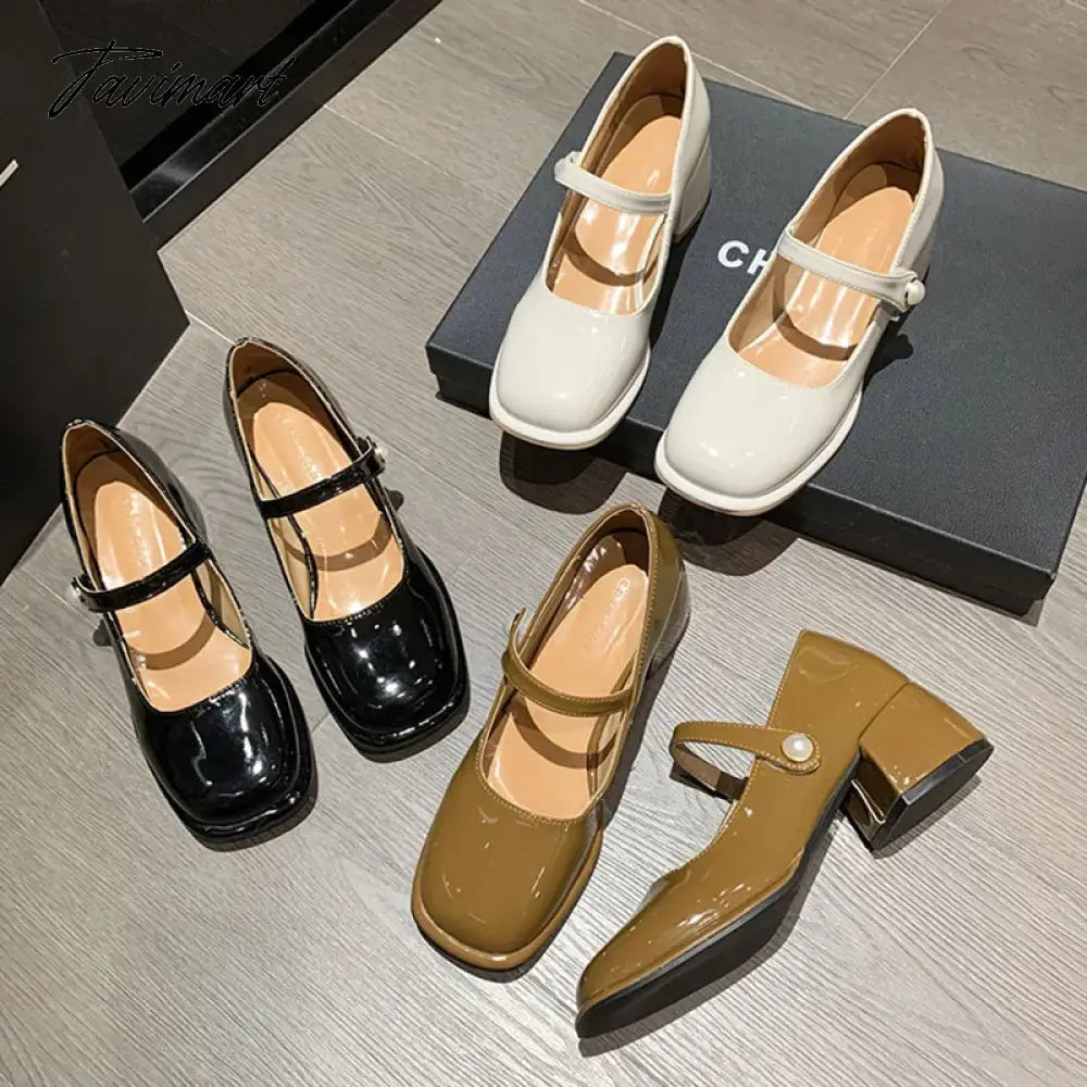 Plus Size Women's Mary Jane Shoes Patent Leather Pumps Mid Heels Dress Shoes Pearl Buckle Strap Wedding Shoes Basic Spring 1270N