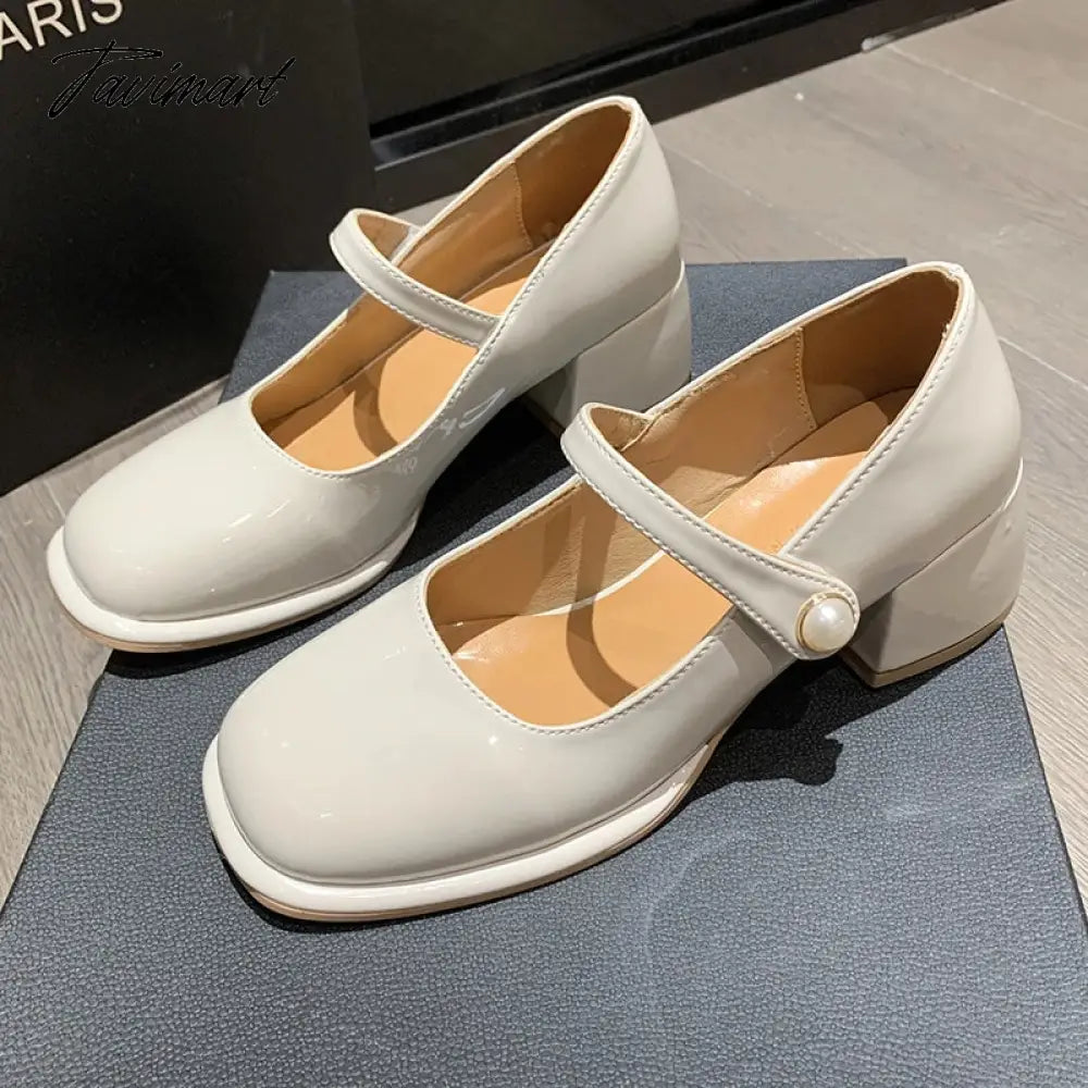 Plus Size Women's Mary Jane Shoes Patent Leather Pumps Mid Heels Dress Shoes Pearl Buckle Strap Wedding Shoes Basic Spring 1270N