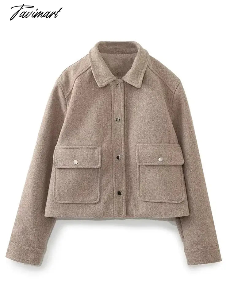 Pockets Cropped Jacket Woman Spring Streetwear Turn Down Collar Long Sleeve Khaki Short Coat Fashion New Chic Outerwear Tops