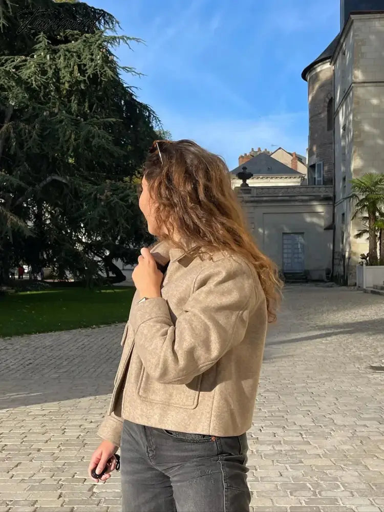 Pockets Cropped Jacket Woman Spring Streetwear Turn Down Collar Long Sleeve Khaki Short Coat Fashion New Chic Outerwear Tops