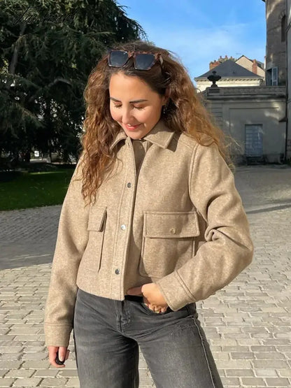 Pockets Cropped Jacket Woman Spring Streetwear Turn Down Collar Long Sleeve Khaki Short Coat Fashion New Chic Outerwear Tops