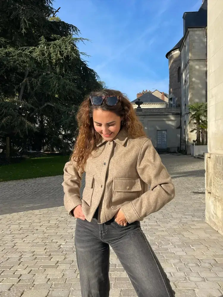 Pockets Cropped Jacket Woman Spring Streetwear Turn Down Collar Long Sleeve Khaki Short Coat Fashion New Chic Outerwear Tops