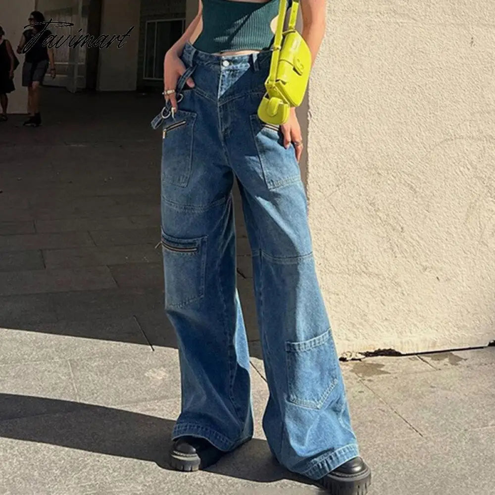 Pockets Patchwork Baggy Jeans Fashion Streetwear Women Denim Trouser Loose Cargo Pants Korean Style