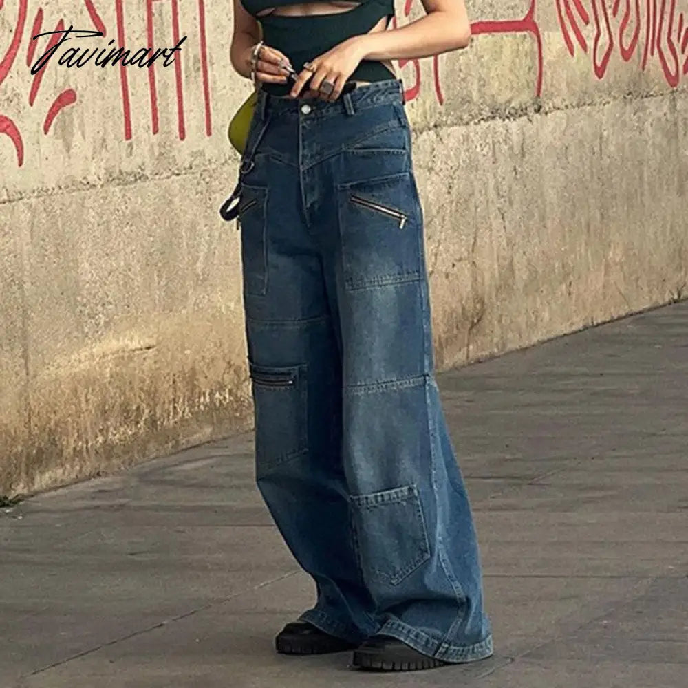 Pockets Patchwork Baggy Jeans Fashion Streetwear Women Denim Trouser Loose Cargo Pants Korean Style