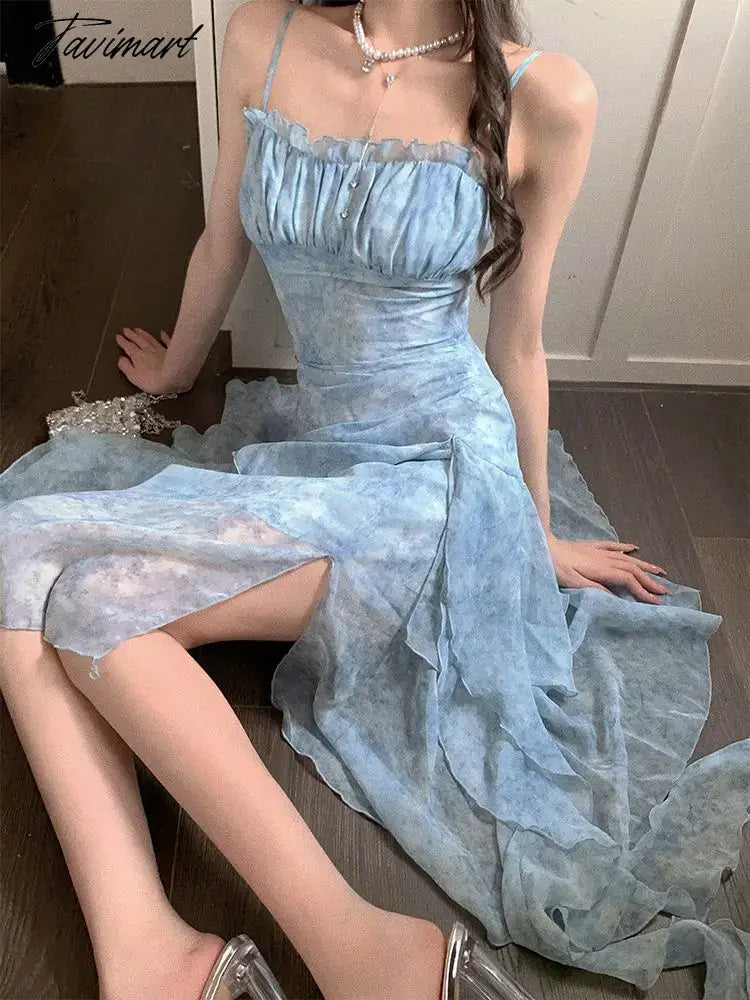 Print Elegant Evening Party Midi Dress Women Irregular France Vintage Strap Dress Female Flower Beach Casual Dress Summer