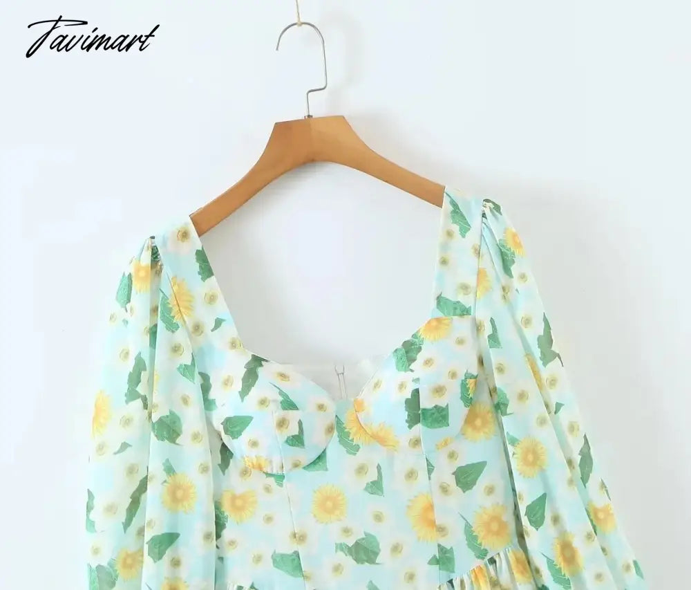 Print Square Collar Chiffon Mini Dress Women French Style Indie Folk Green Floral Dress