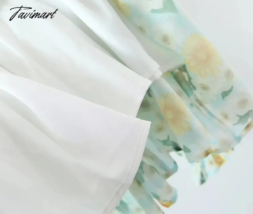Print Square Collar Chiffon Mini Dress Women French Style Indie Folk Green Floral Dress