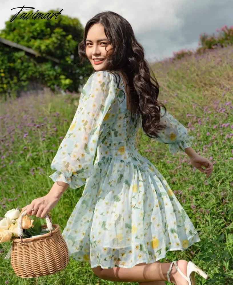 Print Square Collar Chiffon Mini Dress Women French Style Indie Folk Green Floral Dress
