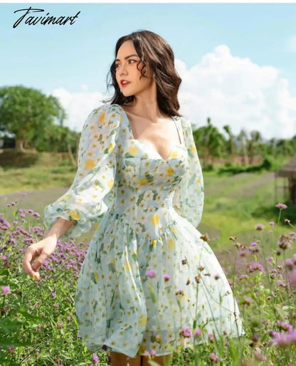 Print Square Collar Chiffon Mini Dress Women French Style Indie Folk Green Floral Dress