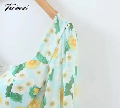 Print Square Collar Chiffon Mini Dress Women French Style Indie Folk Green Floral Dress