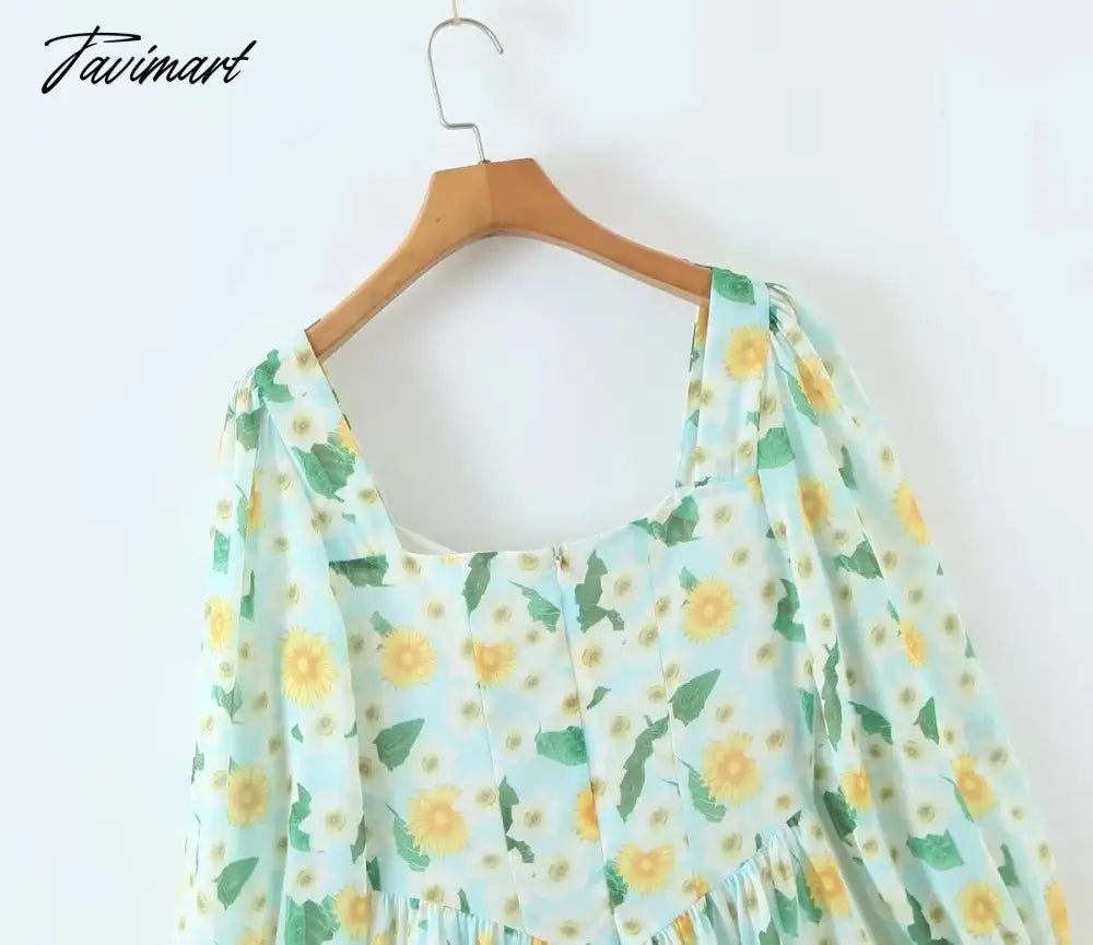 Print Square Collar Chiffon Mini Dress Women French Style Indie Folk Green Floral Dress