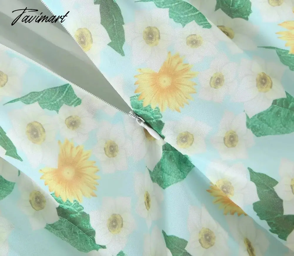Print Square Collar Chiffon Mini Dress Women French Style Indie Folk Green Floral Dress