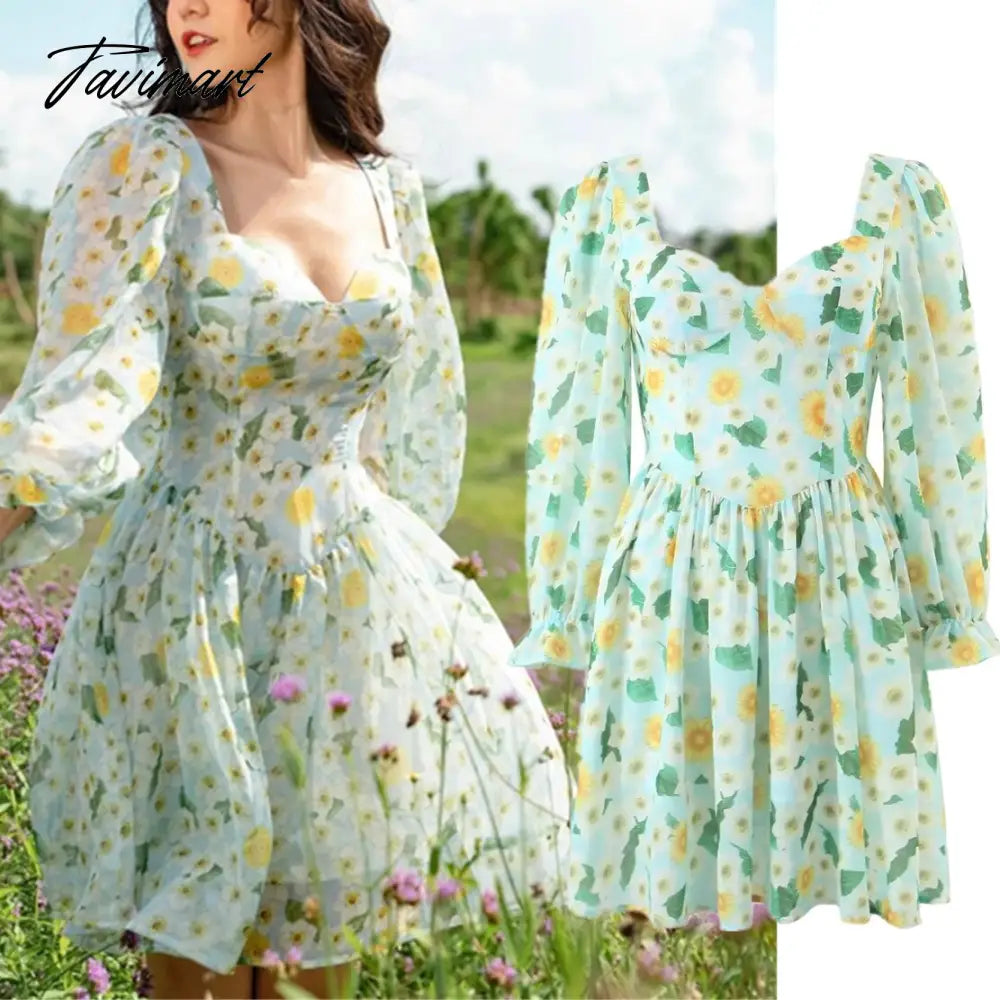 Print Square Collar Chiffon Mini Dress Women French Style Indie Folk Green Floral Dress