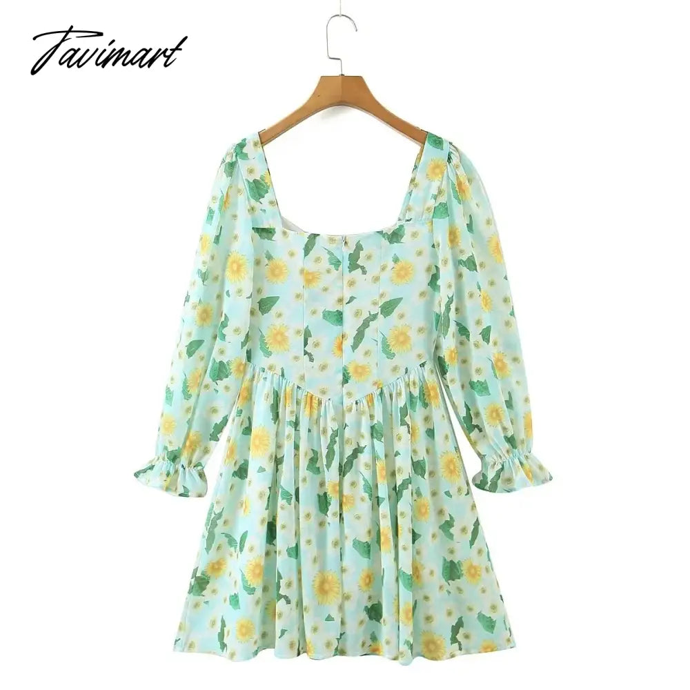 Print Square Collar Chiffon Mini Dress Women French Style Indie Folk Green Floral Dress