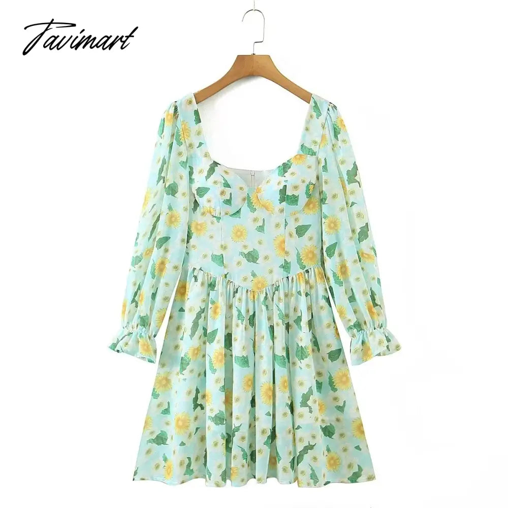 Print Square Collar Chiffon Mini Dress Women French Style Indie Folk Green Floral Dress