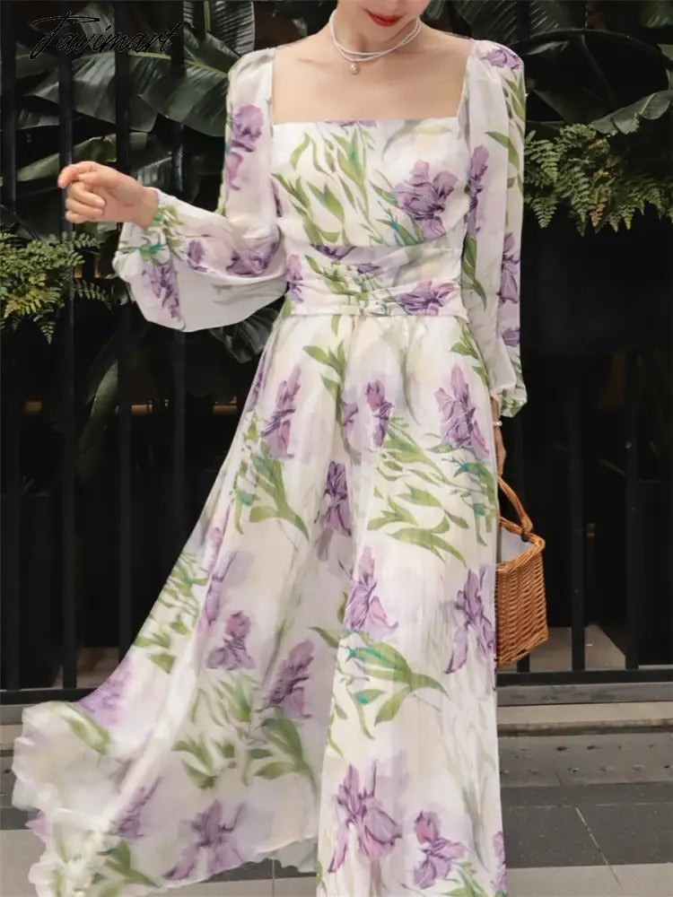 Printed Floral Dress Women New Summer Ladies Elegant Square Collar Slim Clothes Spring Female A-line Midi Dresses Vestidos