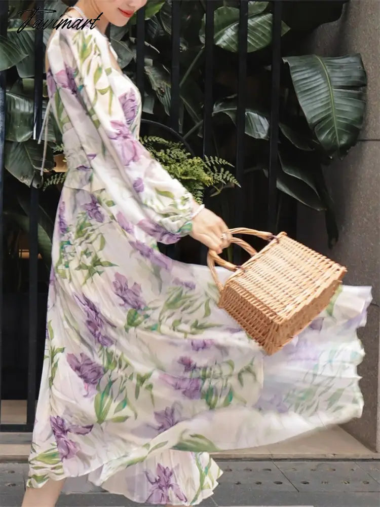Printed Floral Dress Women New Summer Ladies Elegant Square Collar Slim Clothes Spring Female A-line Midi Dresses Vestidos