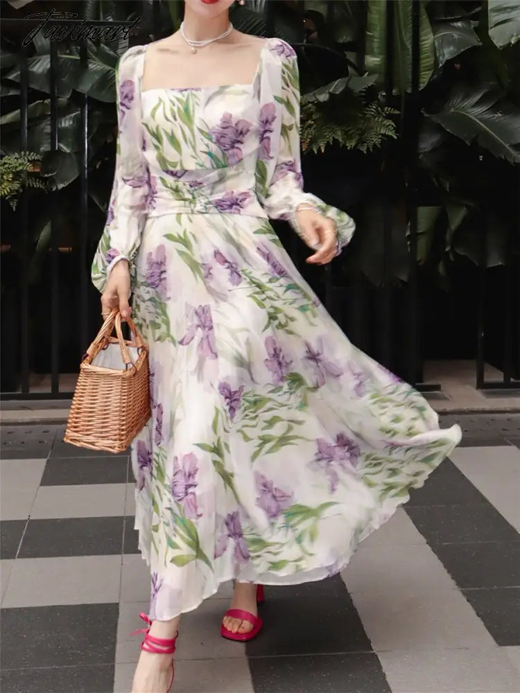 Printed Floral Dress Women New Summer Ladies Elegant Square Collar Slim Clothes Spring Female A-line Midi Dresses Vestidos