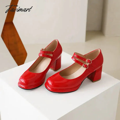 PU Patent Leather Navy Blue Red Color Mature Ladies Pumps Double Buckle Strap Designer Women Heeled Platform Mary Janes Heels