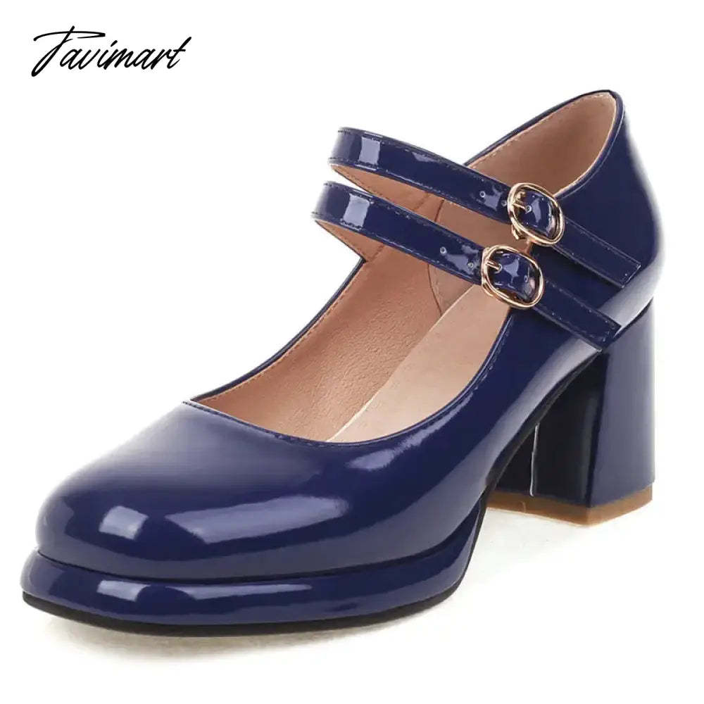 PU Patent Leather Navy Blue Red Color Mature Ladies Pumps Double Buckle Strap Designer Women Heeled Platform Mary Janes Heels