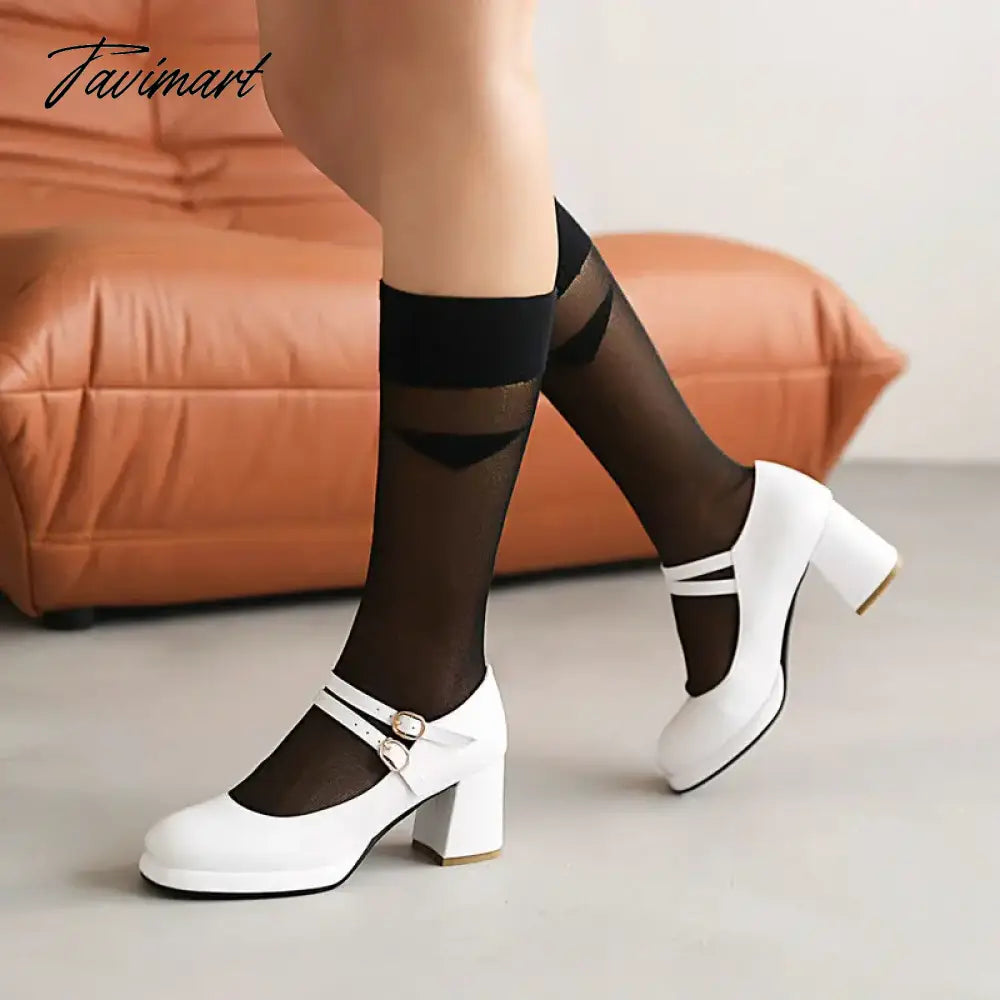 PU Patent Leather Navy Blue Red Color Mature Ladies Pumps Double Buckle Strap Designer Women Heeled Platform Mary Janes Heels