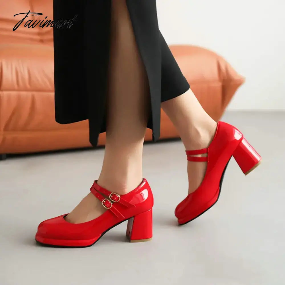 PU Patent Leather Navy Blue Red Color Mature Ladies Pumps Double Buckle Strap Designer Women Heeled Platform Mary Janes Heels
