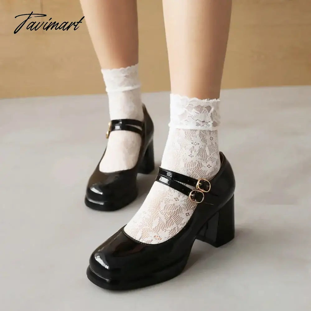 PU Patent Leather Navy Blue Red Color Mature Ladies Pumps Double Buckle Strap Designer Women Heeled Platform Mary Janes Heels