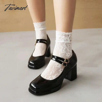 PU Patent Leather Navy Blue Red Color Mature Ladies Pumps Double Buckle Strap Designer Women Heeled Platform Mary Janes Heels