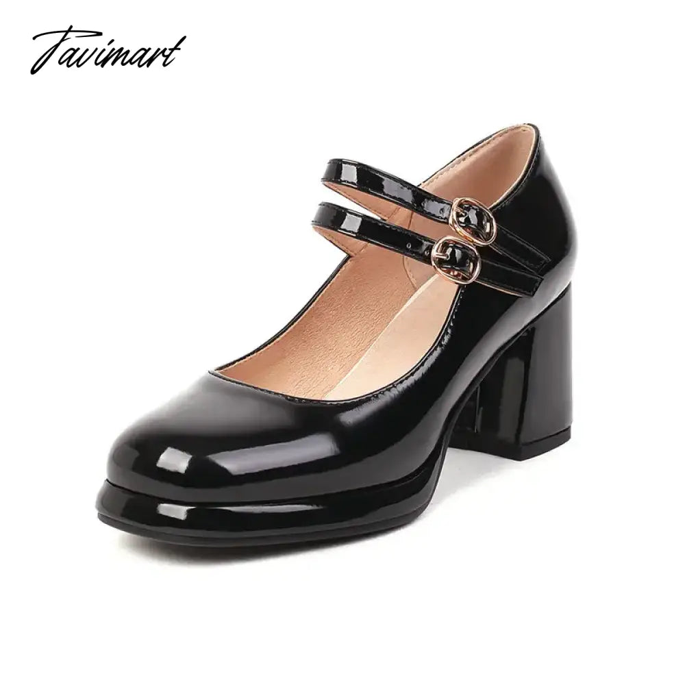 PU Patent Leather Navy Blue Red Color Mature Ladies Pumps Double Buckle Strap Designer Women Heeled Platform Mary Janes Heels
