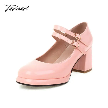 PU Patent Leather Navy Blue Red Color Mature Ladies Pumps Double Buckle Strap Designer Women Heeled Platform Mary Janes Heels