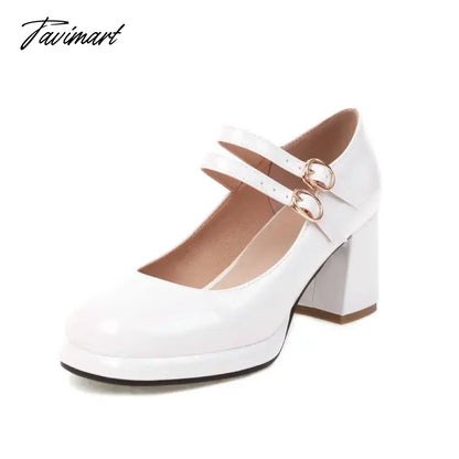PU Patent Leather Navy Blue Red Color Mature Ladies Pumps Double Buckle Strap Designer Women Heeled Platform Mary Janes Heels