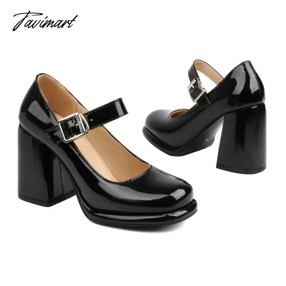 PU Patent Leather Solid Black White Closed Toe Women's Shoes Wide Buckle Strap Chunky High Heels For Woman Mary Janes Bride Shoe