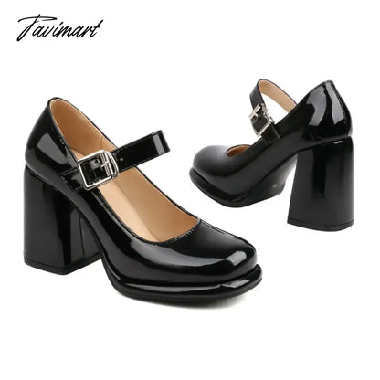PU Patent Leather Solid Black White Closed Toe Women's Shoes Wide Buckle Strap Chunky High Heels For Woman Mary Janes Bride Shoe